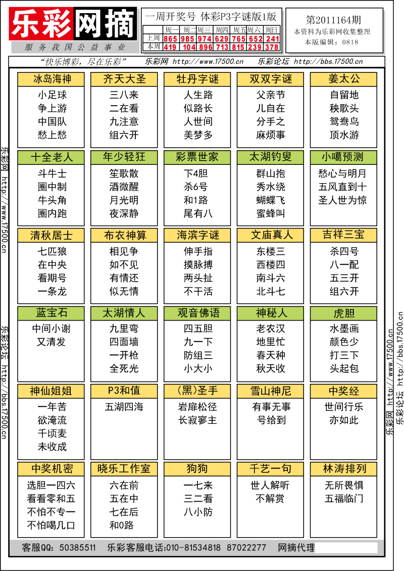 排列三第2011164期字谜总汇