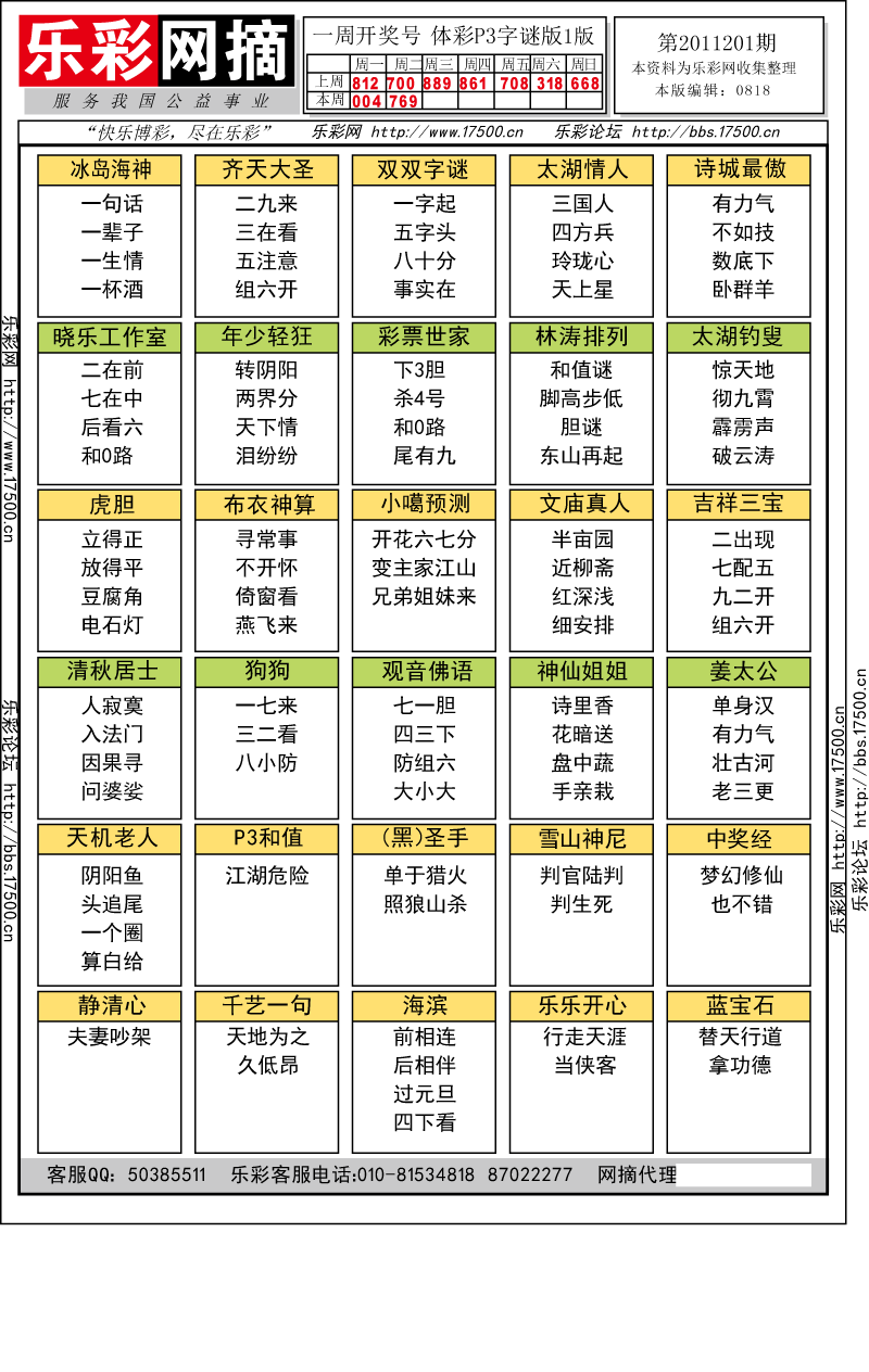 排列三第2011201期字谜总汇