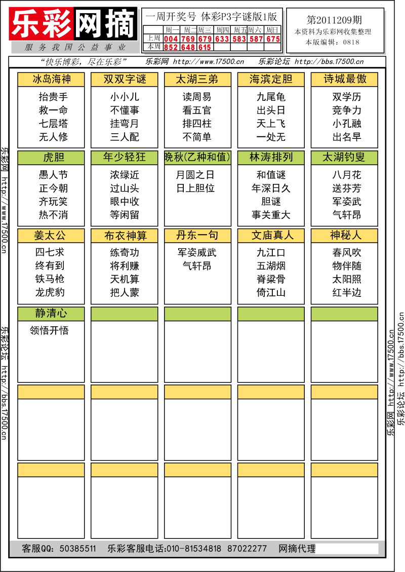 排列三第2011209期字谜总汇