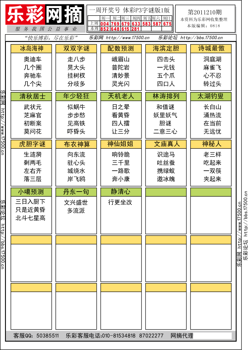 排列三第2011210期字谜总汇