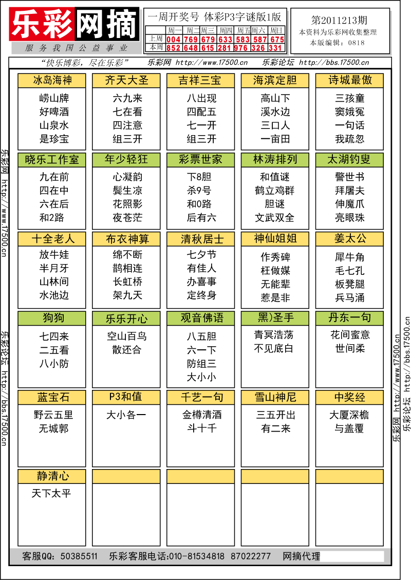 排列三第2011213期字谜总汇