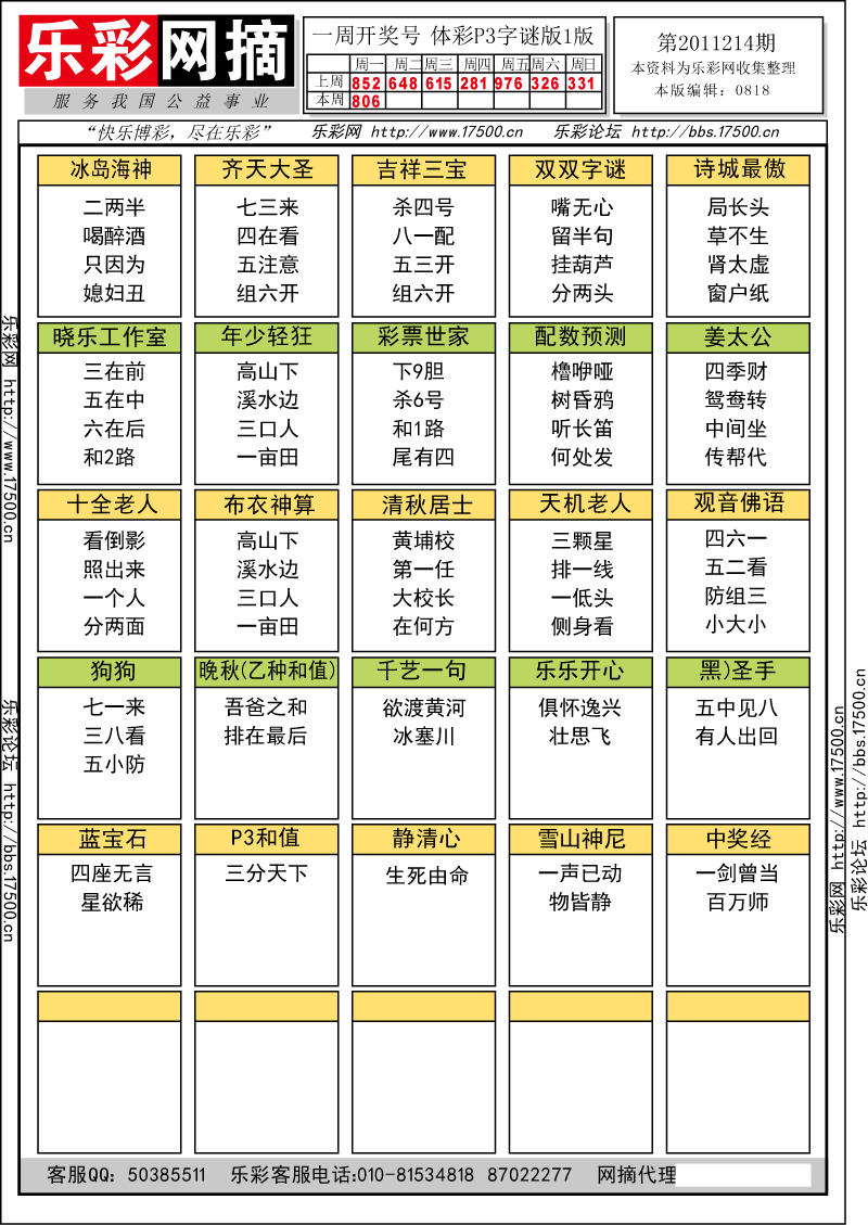 排列三第2011214期字谜总汇