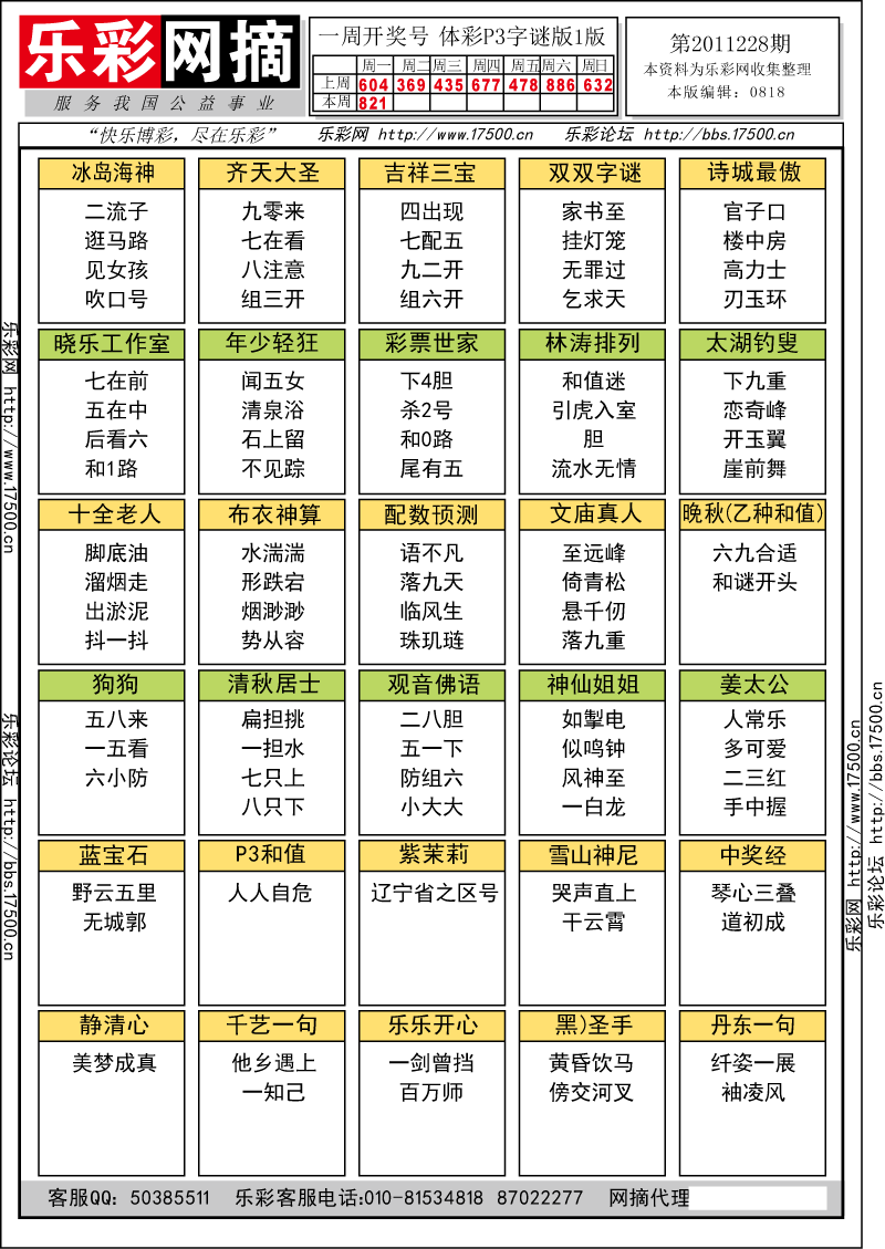 排列三第2011227期字谜总汇