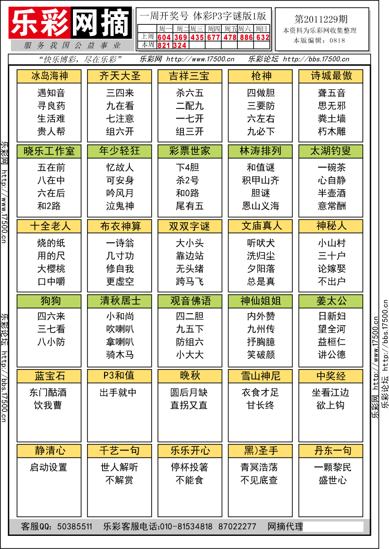 排列三第2011229期字谜总汇