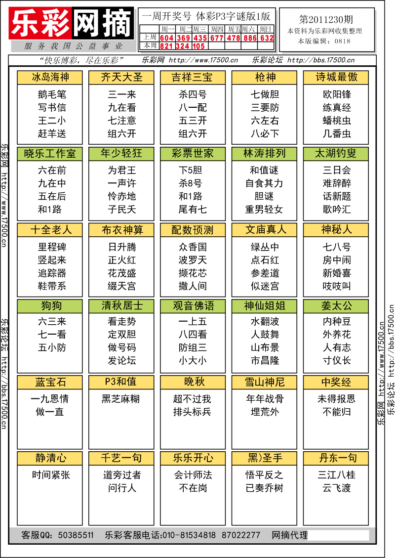 排列三第2011230期字谜总汇