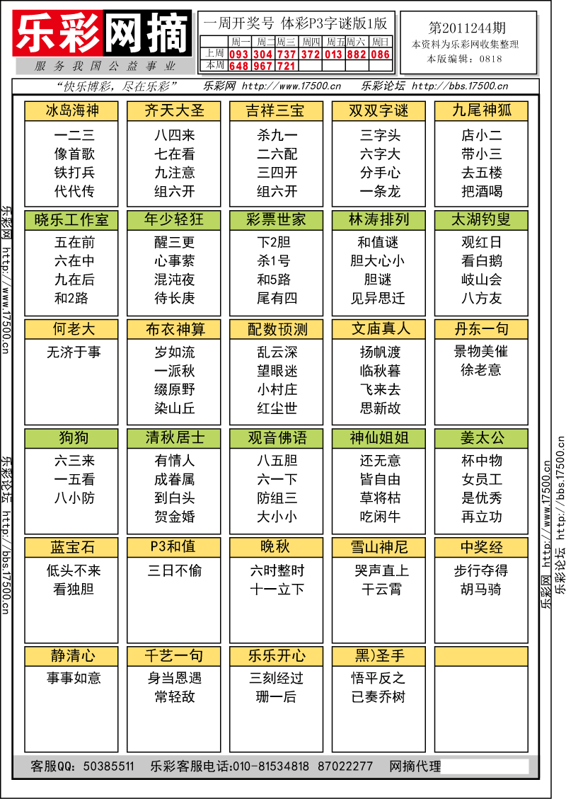 排列三第2011244期字谜总汇