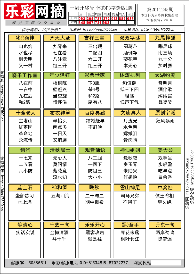 排列三第2011245期字谜总汇