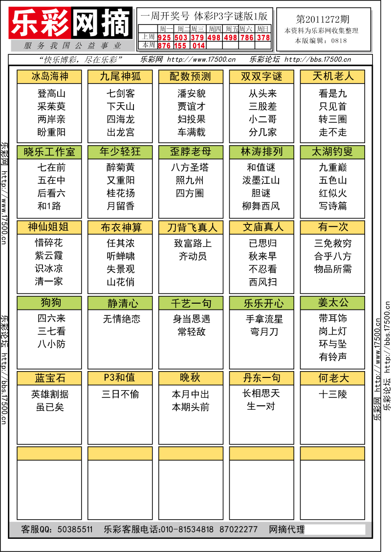 排列三第2011272期字谜总汇