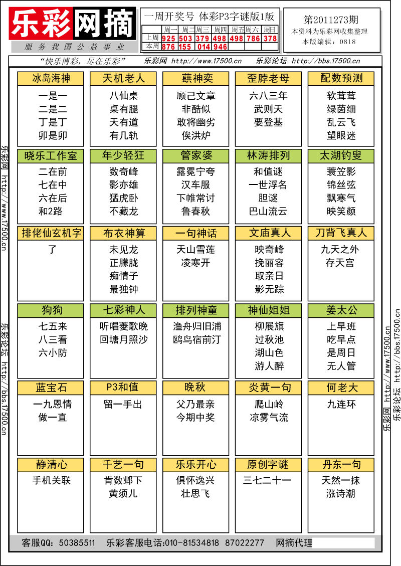 排列三第2011273期字谜总汇