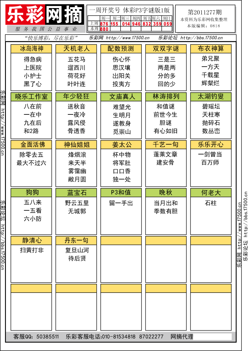 排列三第2011277期字谜总汇