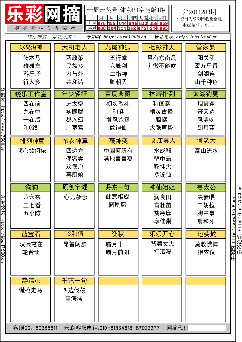 排列三第2011283期字谜总汇