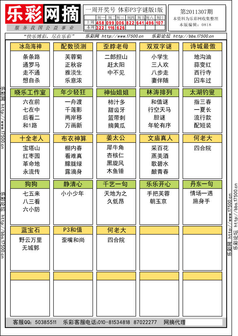 排列三第2011307期字谜总汇