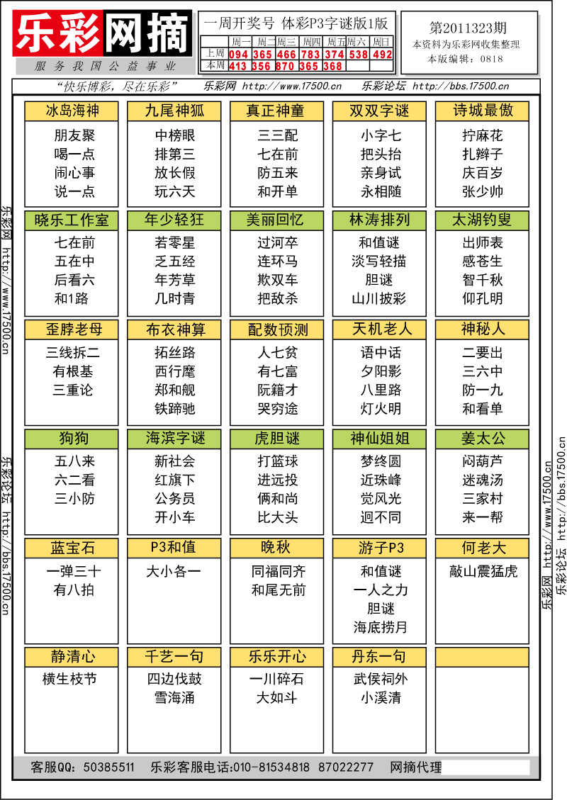 排列三第2011323期字谜总汇