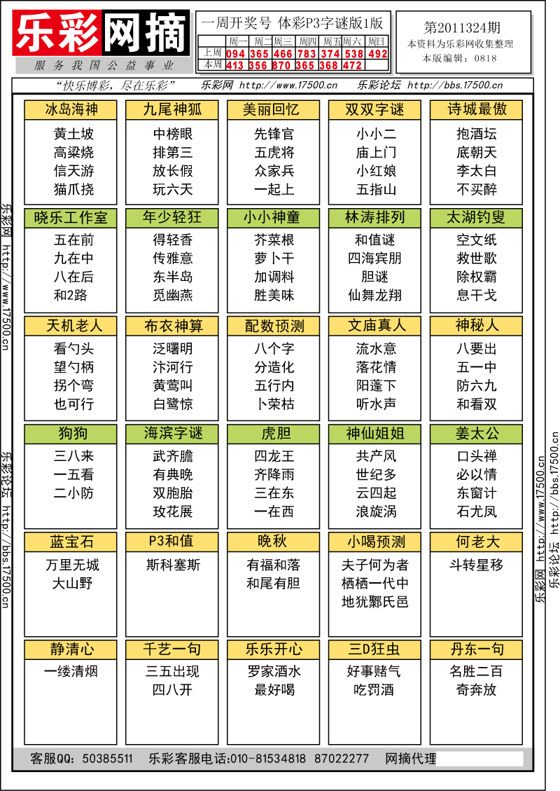 排列三第2011324期字谜总汇