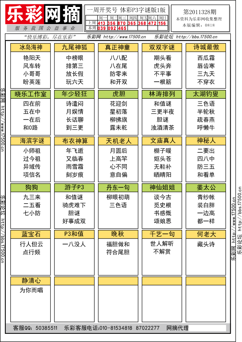 排列三第2011328期字谜总汇