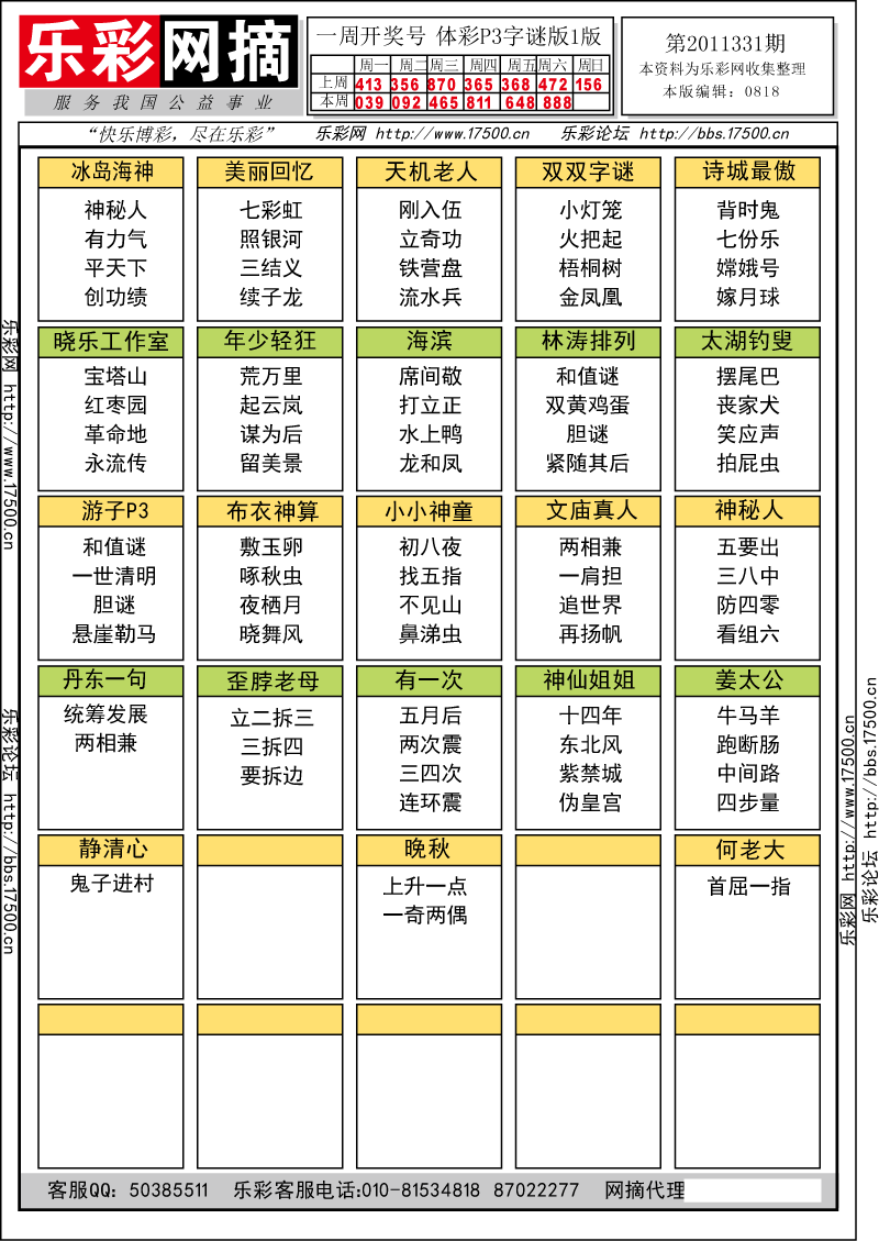 排列三第2011331期字谜总汇