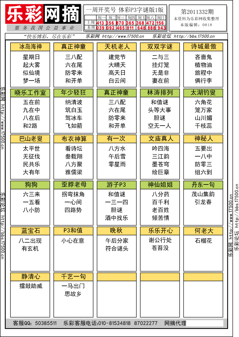 排列三第2011332期字谜总汇