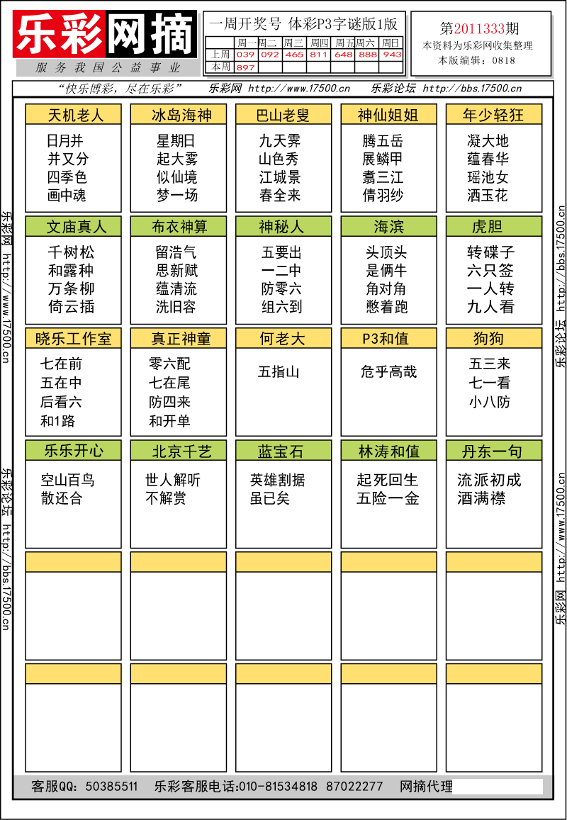 排列三第2011333期字谜总汇