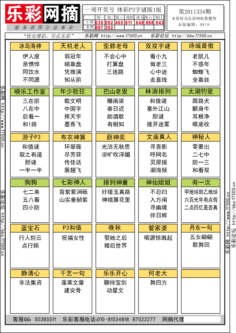 排列三第2011334期字谜总汇