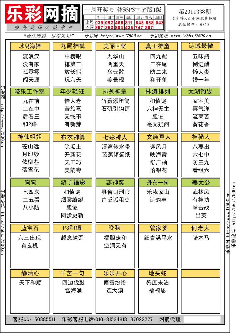 排列三第2011338期字谜总汇