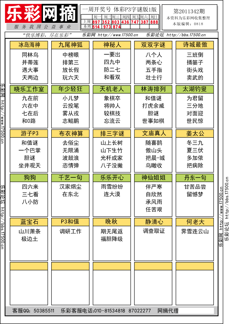 排列三第2011324期字谜总汇