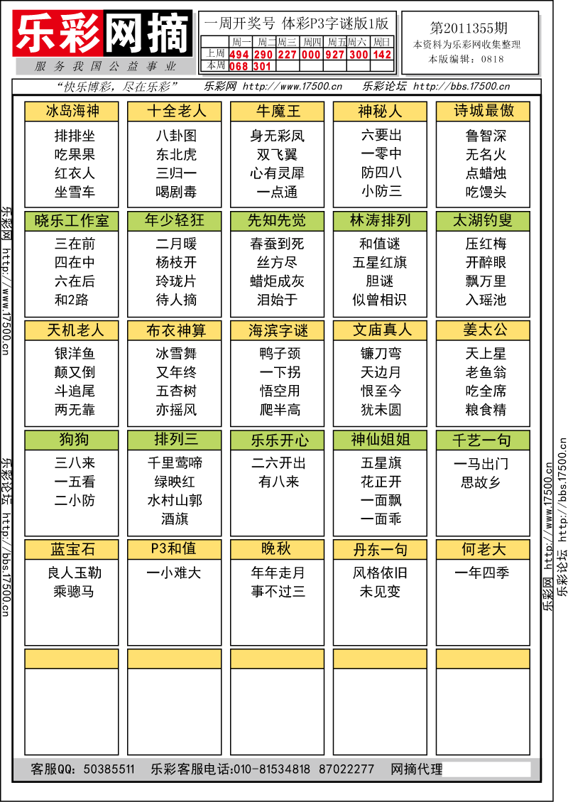 排列三第2011355期字谜总汇