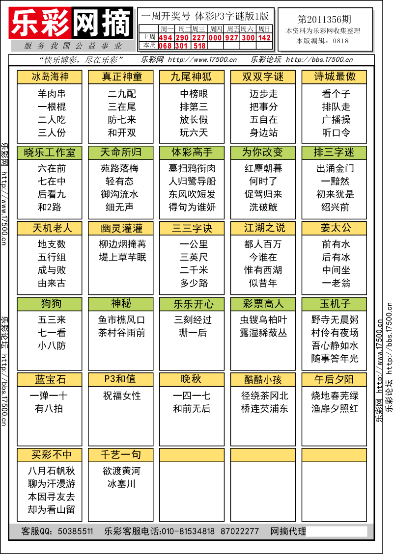 排列三第2011356期字谜总汇