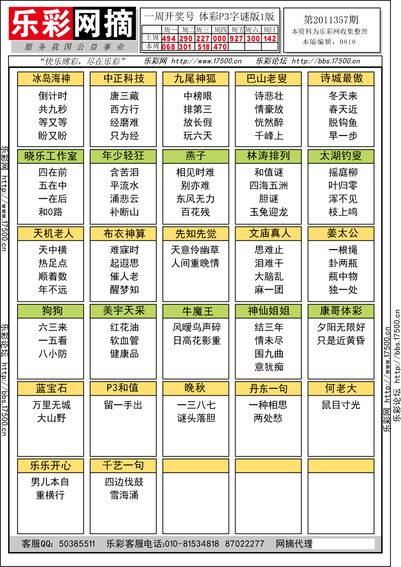 排列三第2011356期字谜总汇