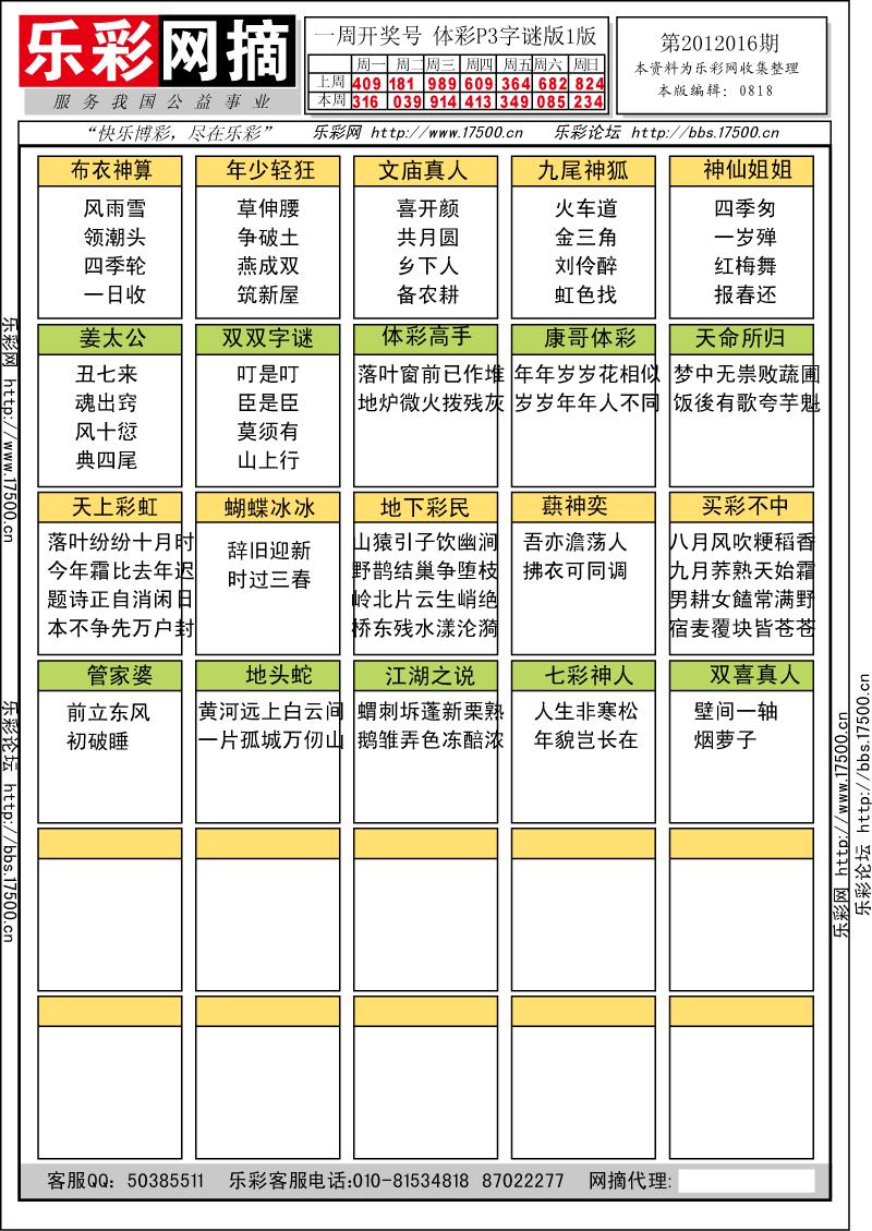 排列三第2012016期字谜总汇