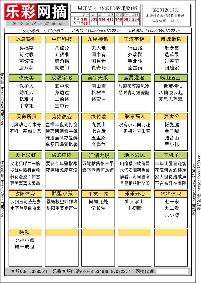 排列三第2012017期字谜总汇