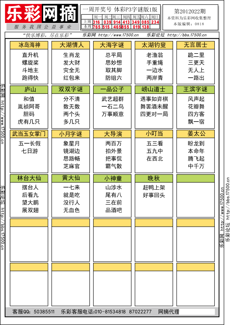 排列三第2012022期字谜总汇