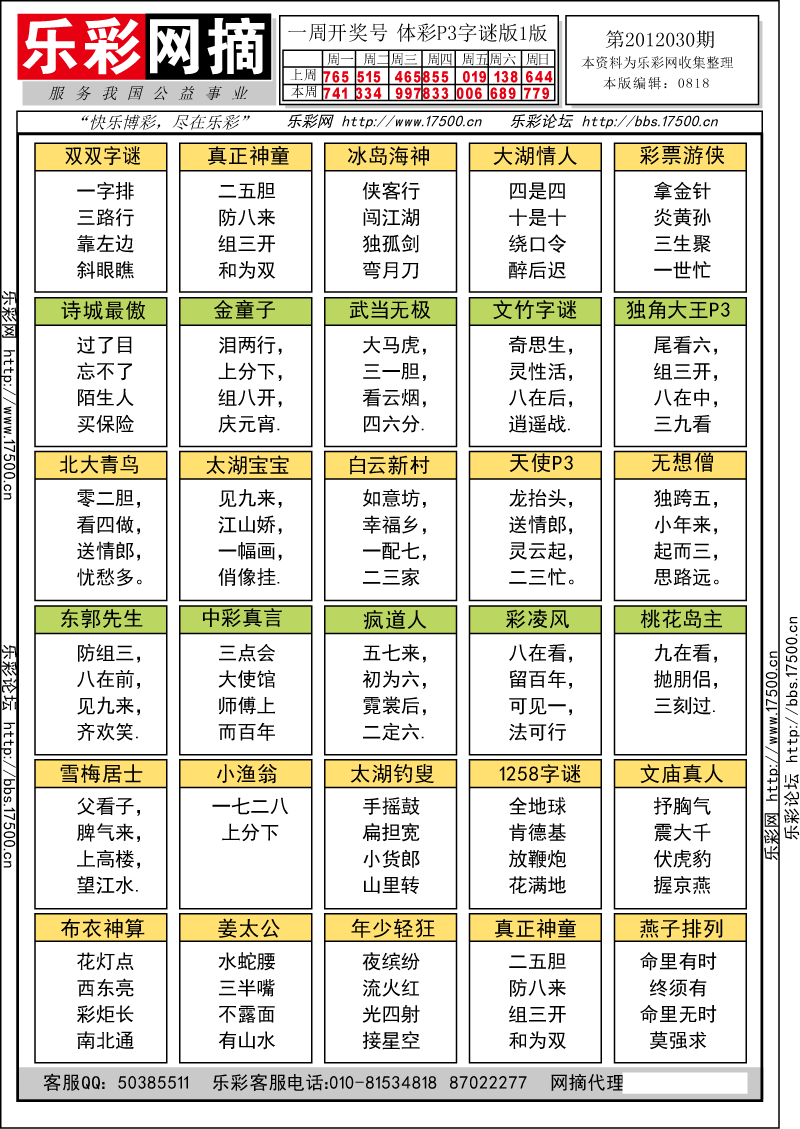 排列三第2012030期字谜总汇