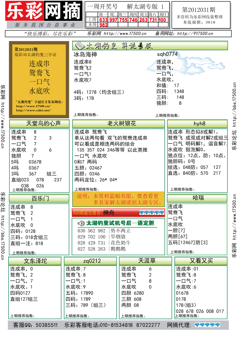 福彩3D第2012031期解太湖钓叟总汇