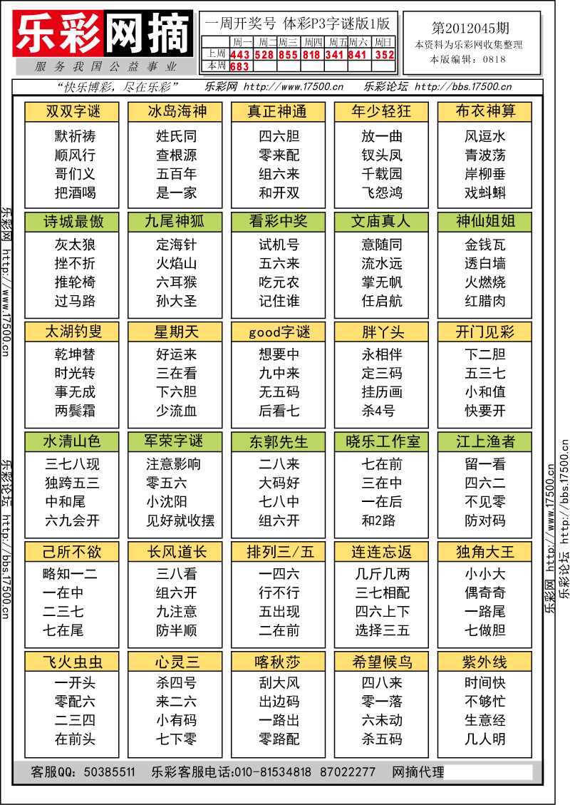 排列三第2012045期字谜总汇