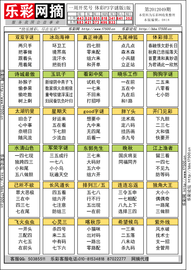 排列三第2012049期字谜总汇