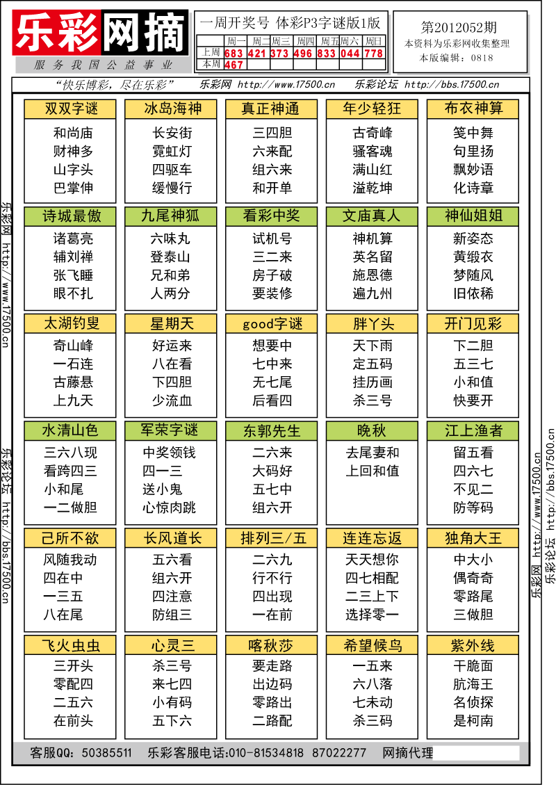 排列三第2012052期字谜总汇