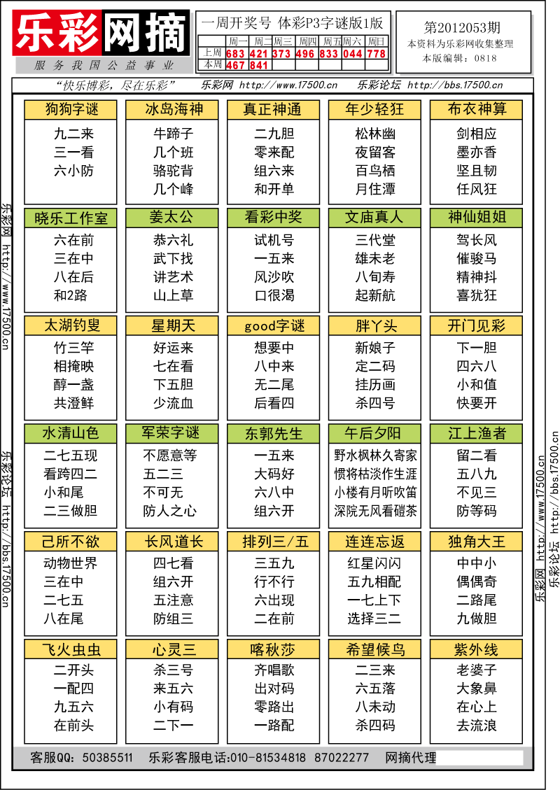 排列三第2012053期字谜总汇