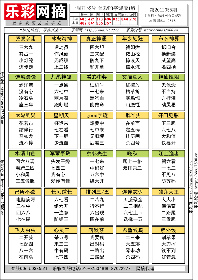 排列三第2012055期字谜总汇