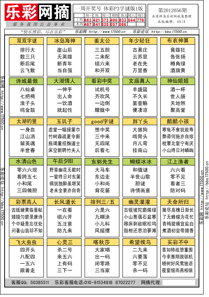 排列三第2012056期字谜总汇