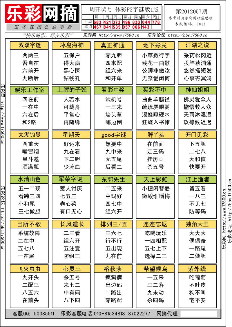 排列三第2012057期字谜总汇