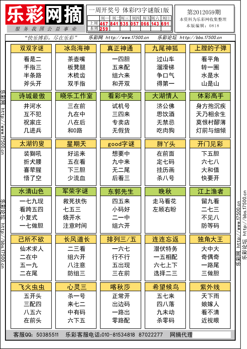 排列三第2012059期字谜总汇