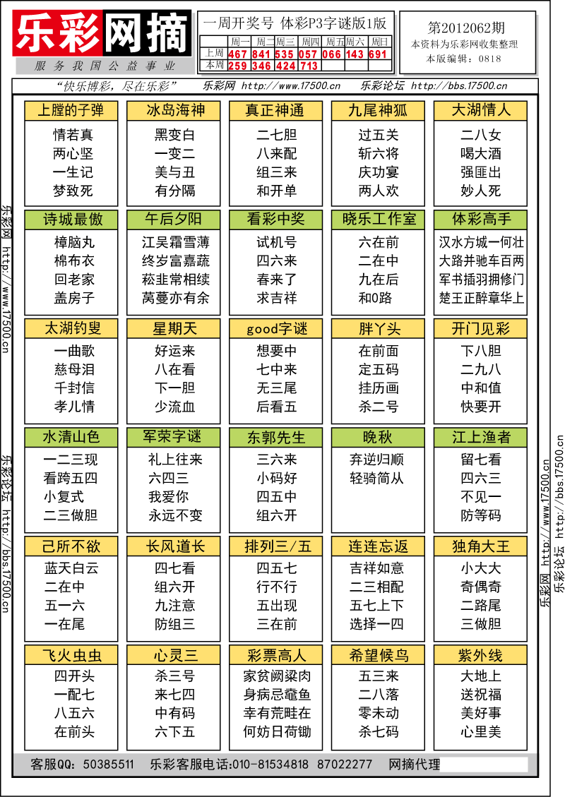 排列三第2012062期字谜总汇