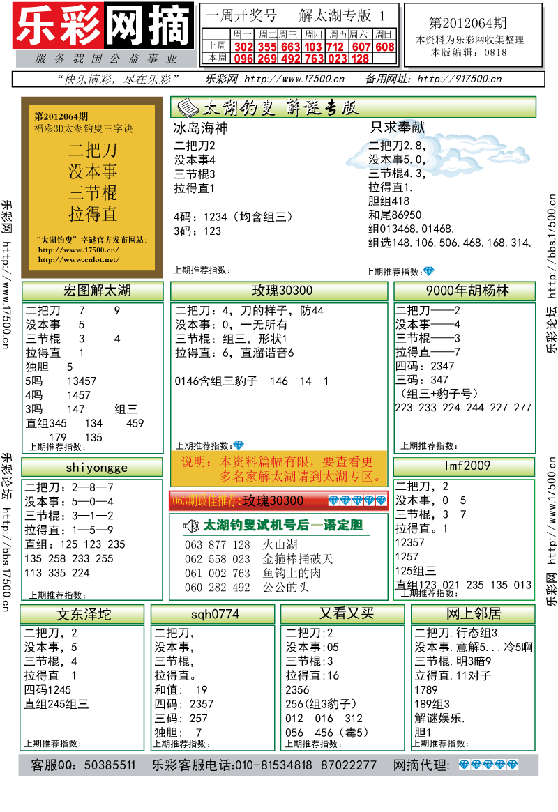 福彩3D第2012064期解太湖钓叟总汇