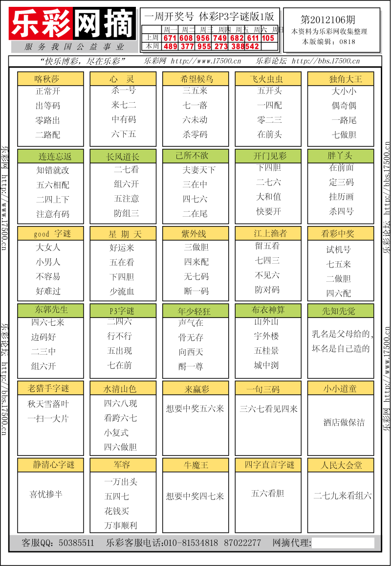 排列三第2012106期字谜总汇