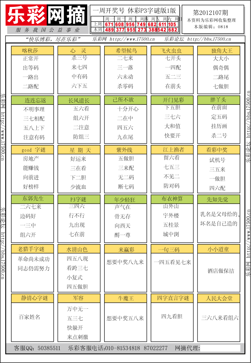 排列三第2012107期字谜总汇