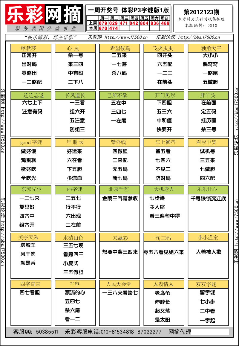 排列三第2012123期字谜总汇