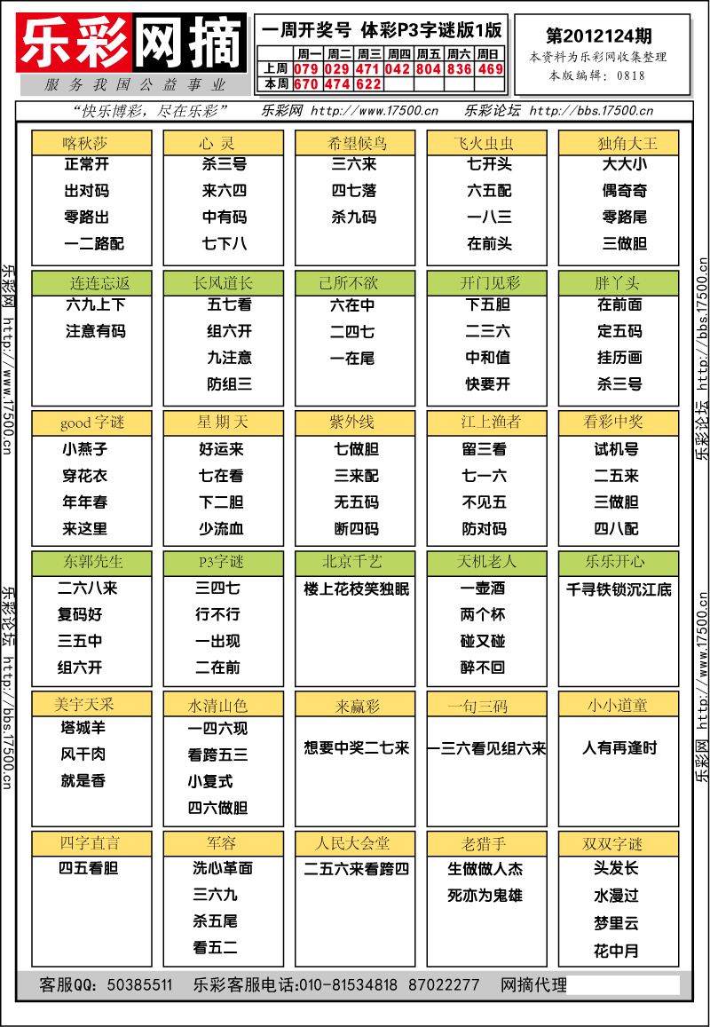 排列三第2012124期字谜总汇