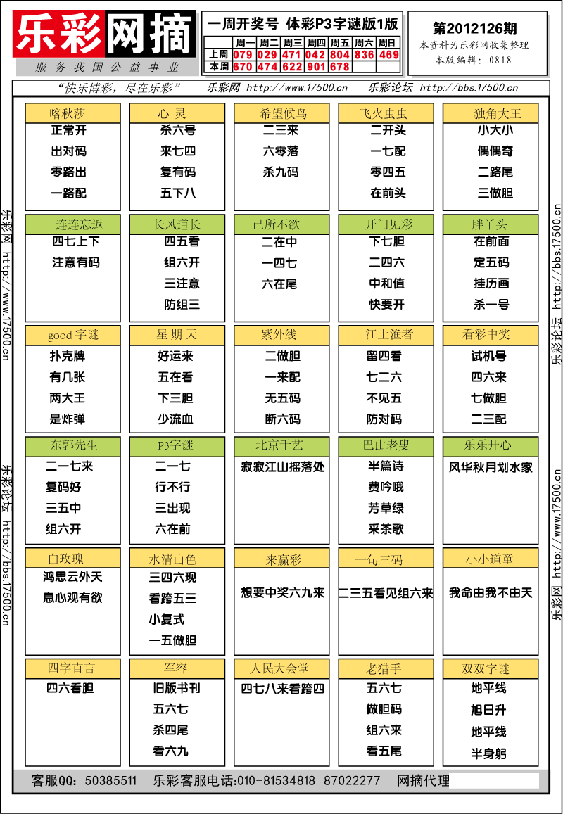 排列三第2012126期字谜总汇