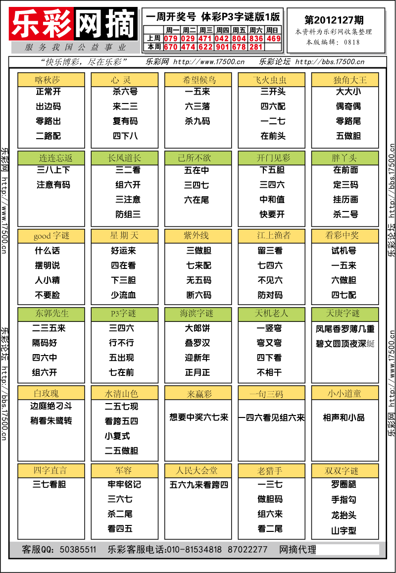 排列三第2012127期字谜总汇