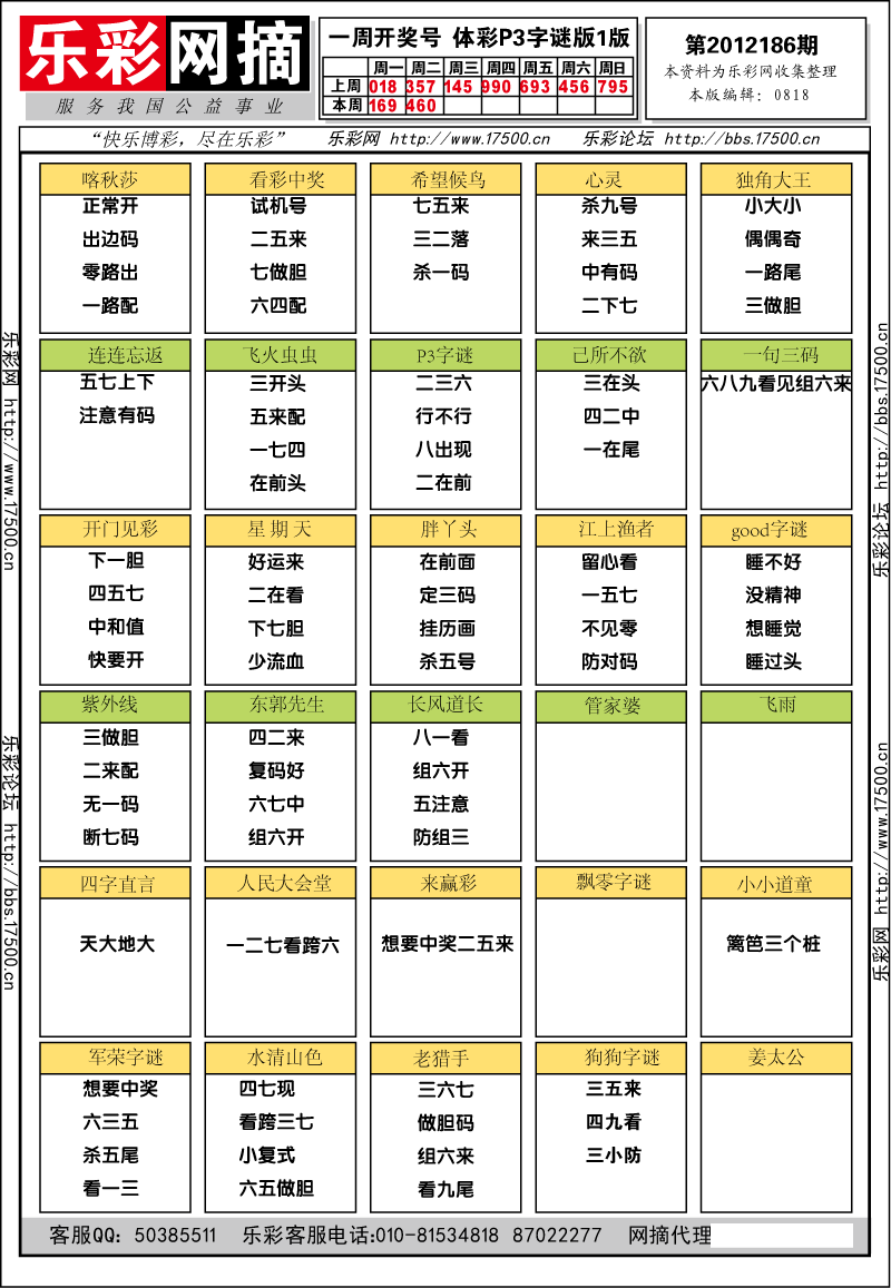 排列三第2012186期字谜总汇